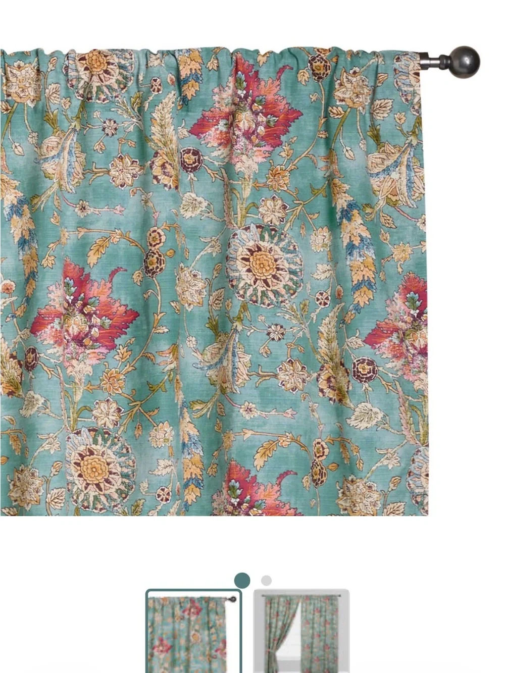 Cost Plus World Market Blue Floral Curtain Panel with Red & Cream Accents